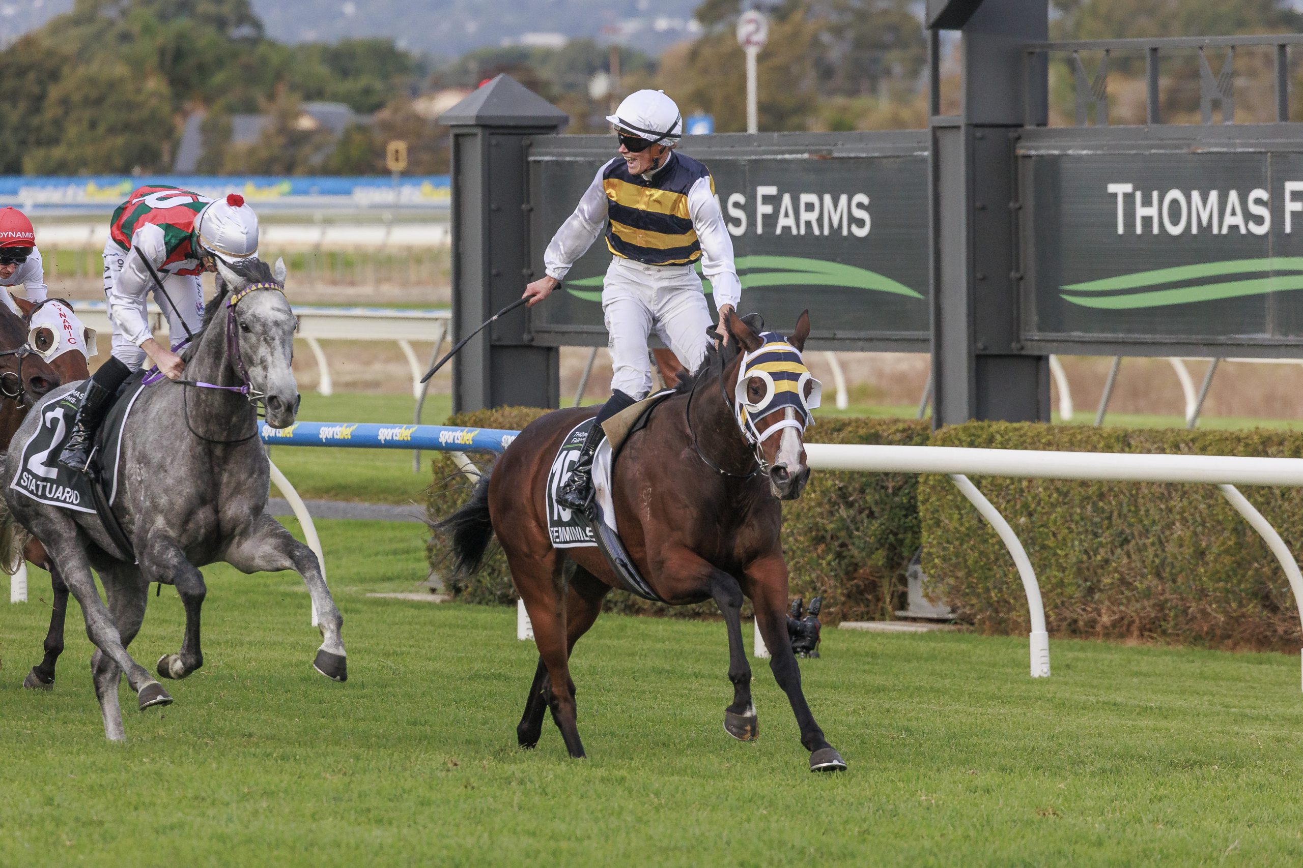Jockey Lachlan Neindorf celebrating his second group 1 win aboard the Phillip Stokes-trained Femminile for the 2025 SA Derby