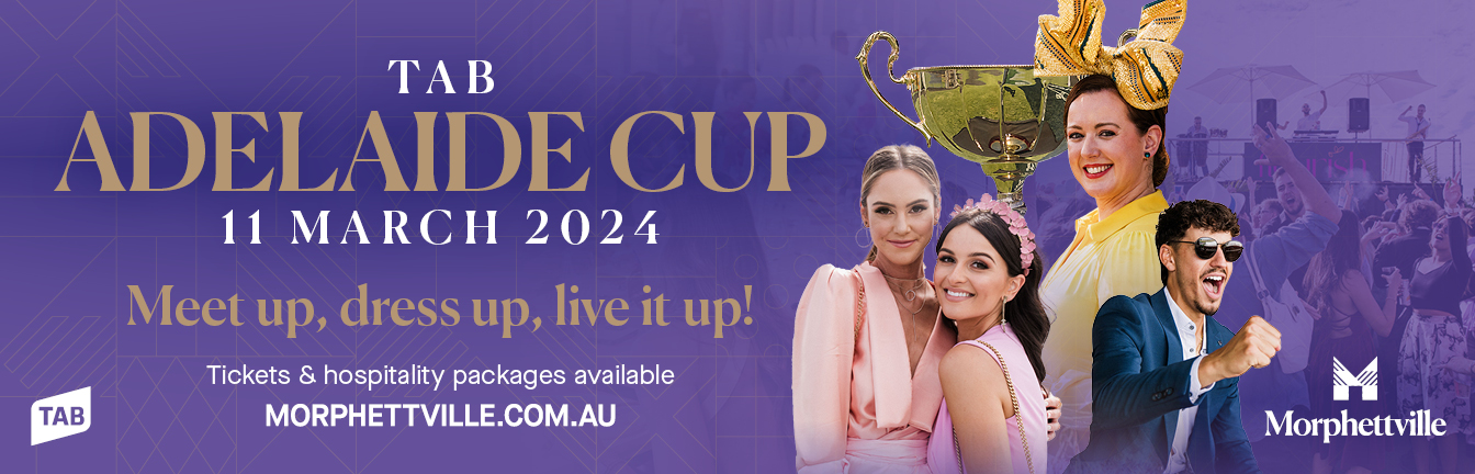 2024 TAB Adelaide Cup poster including a group of four people posing with information regarding the race day event